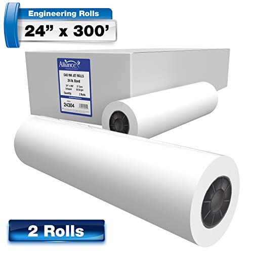 Alliance Wide Format Paper 24” x 300’ CAD Rolls 92 Bright, 24lb - 2 Rolls Per Carton - Ink Jet Bond Rolls with 2" Core