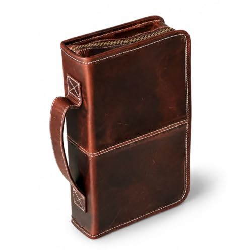 Vintage Crafts Bible Cover Book Cover Planner Cover with Handle and Back Pocket (Medium, Dark Brown Leather, Zipper Closure)