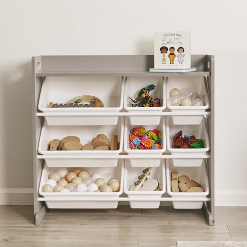 ECR4Kids 3-Tier Organizer with Shelf and 9 Removable Plastic Bins, 3x3, Toy Storage, Grey/White