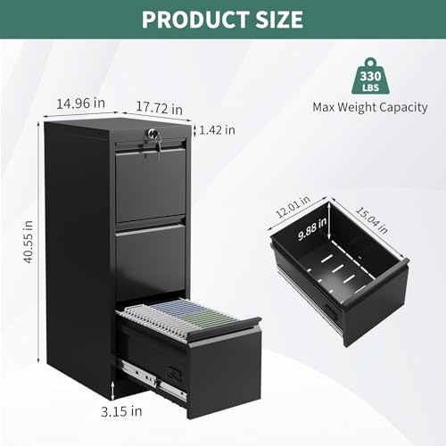 FinerFurnis 3-Drawer Metal Filing Cabinet with Lock, Vertical Heavy Duty Steel File Organizer for Home Office, Secure Storage for Letter, Legal, A4, F4 Documents – Professional Office Furniture, Black