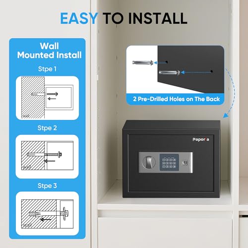Paporia 0.6 Cubic Feet Safe Box with Digital Keypad Lock & Keys, Home Safe Money Box for Cash, Documents, Medicine & Jewelry, Security Digital Safe in Home, Hotel or Business