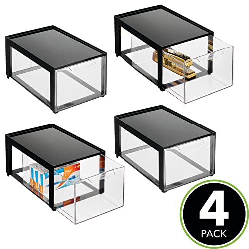 mDesign Plastic Desk Organizer and Storage Bin w/Pull Out Drawer - Stackable Office Storage Container for Office Supplies - Desktop Drawer Organizer - Lumiere Collection - 4 Pack - Black/Clear