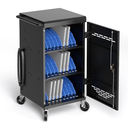 POCHAR 30 Unit Device Charging Station for Chromebook, iPad, 14'' Laptop - Charging Cart with Charger Cable Management, Circuit Breaker, Grounding Protection, Assembly Required