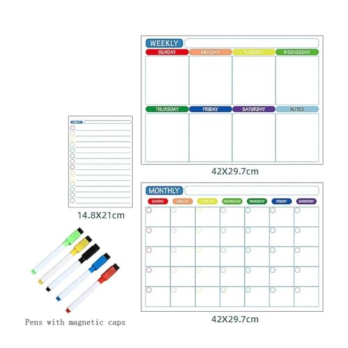 YTZJNZJNSR Magnetic Calendar for Fridge - Monthly & Weekly Planner Whiteboard - Dry Erase Fridge Sticker Message Board & Menu Organizer(3pcs with 5 pens)