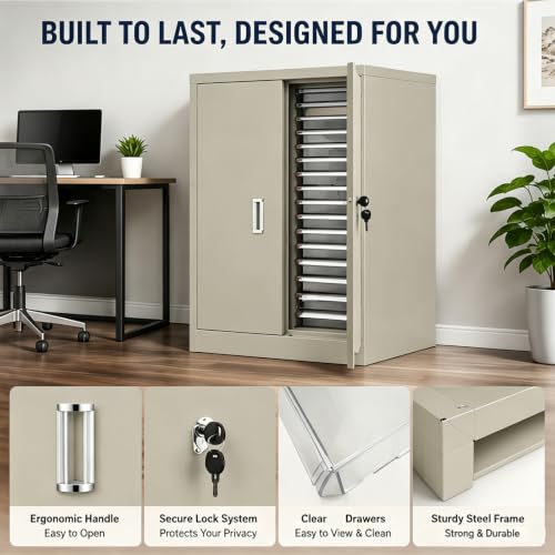 JARYANNIX File Cabinet with Label Transparent Drawers 36 Small Drawers Document Filing Steel Storage Organizer with Lockable Door for Small Parts Office Business Use