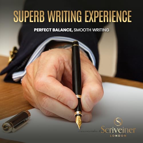 Scriveiner Luxury Fountain Pen - Stunning Black Lacquer Pen, Real Gold Finish, Schmidt Gilded Nib (Medium), Converter, Best Pen Gift Set for Men & Women, Professional, Executive, Office, Nice Pens