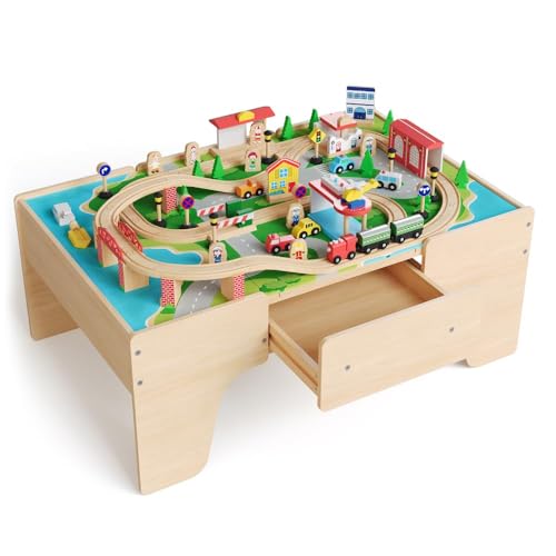 IDEALHOUSE 84-Piece Wooden Train Table Set for Kids – Reversible Top