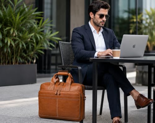 Mens Full Grain Leather Briefcase Fits 16 Inch Laptop, Leather Laptop Messenger Shoulder Satchel, Vintage Professional Work Office Bag - Tan