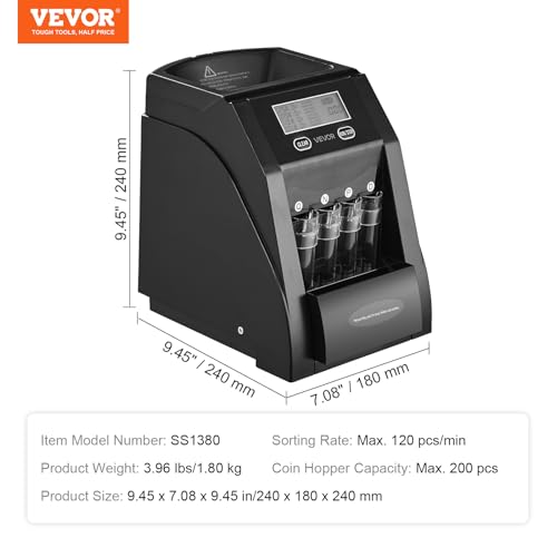 VEVOR USD Coin Sorter, Coin Counter Machine for Sorting ¢1 ¢5 ¢10 ¢25 Coins