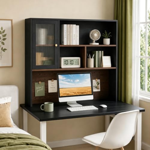 LINLIUA Desktop Bookshelf, Desk Hutch Dorm with Pegboard, Desk Shelves for Top of Desk, Wood Desktop Storage Rack with Cabinet Door, Countertop Bookcase for Office Dorm Home Study