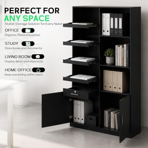Vertical File Cabinet with Lock, 4 Slide-Out Trays & Adjustable Shelves