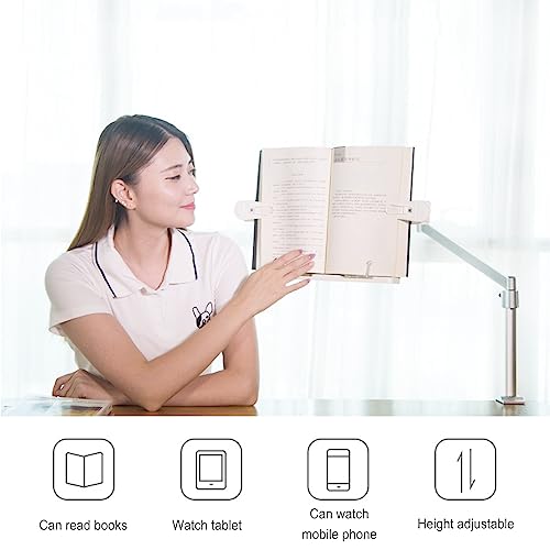 Buhelyc Book Stand with Clamp, Tablet Stand Holder, Adjustable Height, with Page Clips for Reading Hands Free, Sturdy, Rotatable, Table Side Design, Suitable for Book, Tablet, Phone