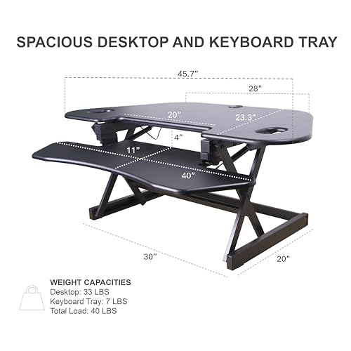 Rocelco 46" Height Adjustable Corner Standing Desk Converter with AC Outlet USB Charger and Dual Stand - Tabletop Computer Riser Workstation - Large Keyboard Tray - Black (R CADRB-46-ACUSB-DMS)