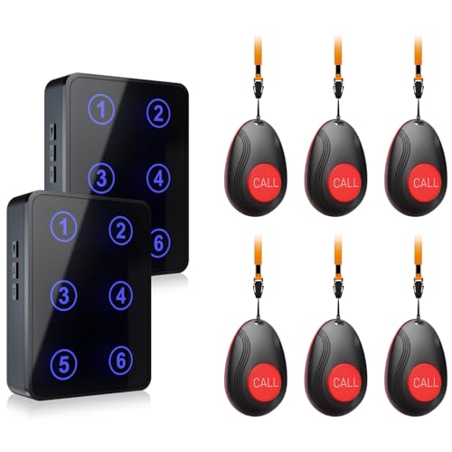 CallToU Wireless Call Button Caregiver Pager Nurse Call System for Elderly/Patients at Home/Hospital with Voice Announcements and LED Number Display (6 Waterproof Call Button & 2 Receiver)