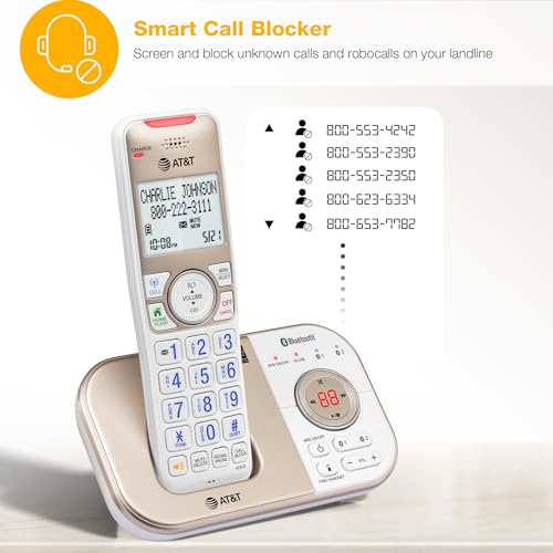 AT&T BL3112-3 3-Handset DECT 6.0 Cordless Phone for Home with Bluetooth Connect to Cell, Smart Call Blocker, Answering Machine, Caller ID, Expandable up to 5 Handsets, Champagne Gold/White