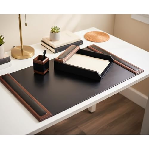 Dacasso Walnut & Black Leather Luxury 3 Piece Set - Blotter Pad & Desk Mat Organization Essentials - Executive Decor and Desk Surface Protector