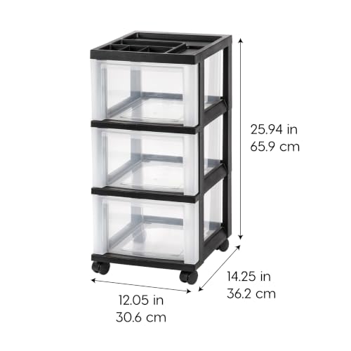 IRIS USA 3-Drawer Rolling Storage Cart, Black/Clear