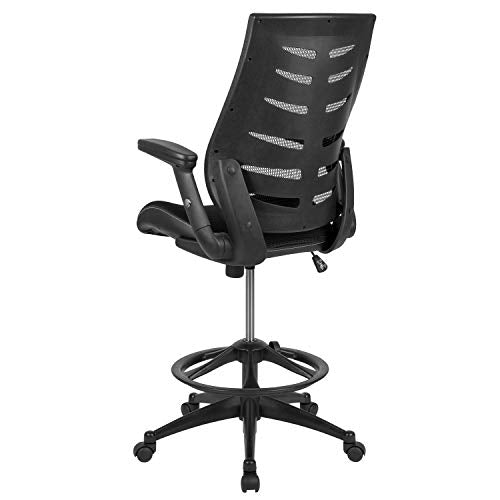 BizChair High Back Black Mesh Spine-Back Ergonomic Drafting Chair with Adjustable Foot Ring and Adjustable Flip-Up Arms