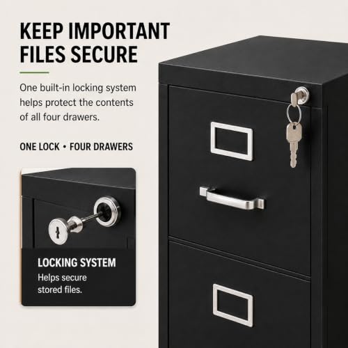 Pemberly Row 4 Drawers 52" Vertical Black Metal Filing Cabinet Lockable Pre-Assembled Stationary Letter Size for Home, Office