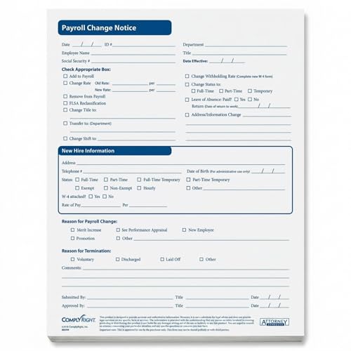 Complyright Payroll Change Notice | HR & Employee Management | 50 Pack