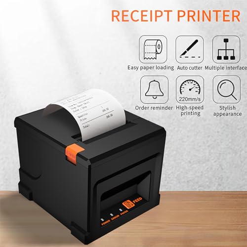 POS Thermal Printer, 80mm Thermal Receipt Printer with Auto Cutter, Sound and Light Alarm, USB+Network Interface, 220mm/s High Speed Printing, for Retail Catering Industrial Business
