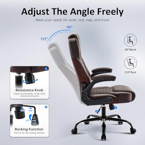 amseatec Big and Tall Office Chair, Flip-Up, Executive Desk Chair, Brown