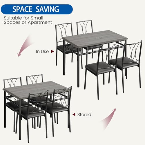 Attracoast 5-Piece Dining Table Set for 4, Retro Wood-Look Kitchen Table with 4 Upholstered Chairs, Space-Saving Dining Set for Small Space/Apartment/Kitchen,Grey.