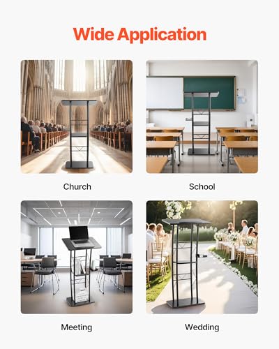 VEVOR Podium Stand, 47-Inch Metal Lectern, Curved Standing Podium with Wide Reading Surface, Open Storage Compartment, Book Stopper, Cup Holder, for Classroom, Wedding, Conference, Speech, and Concert