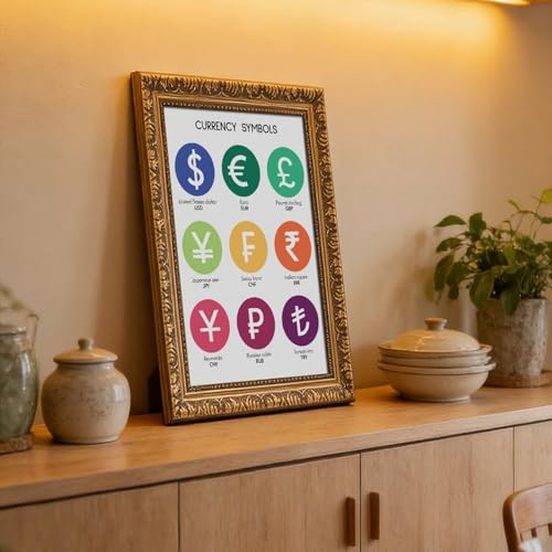What Are The CURRENCY SYMBOLS Currency Chart Poster Educational Posters Money Poster Math Rules Classroom Decor Canvas for Elementary Middle School Classroom Education Retro Gold Frame24"L X 36"W
