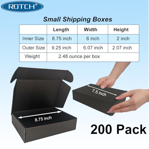 ROTCH 200 Pack 9x6x2'' Small Shipping Boxes, Black, Cardboard Corrugated Mailers for Small Business (M962-200-B)