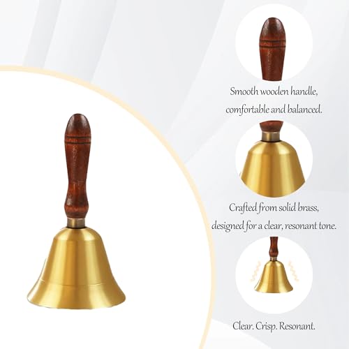 Solid Brass Handbell with Wooden Handle – Loud Hand Call Bell for Teachers, Classroom, Wedding, Restaurant, Office, Meditation & Elderly Care