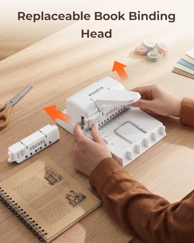 MUNBYN Multi Binding Machine, Mini Book Binding with 2 Detachable Heads(Round & Square), Great for Home, School, Office​- DIY Small Book Binder for Notebooks, Calendars, Albums, Journals, White