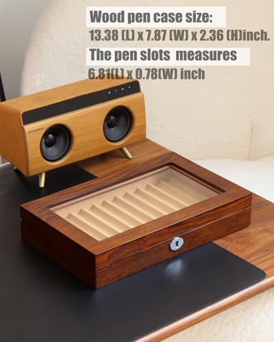 Besforu Wooden Pen Display Case – 12 Slot Lockable Fountain Pen Storage Box, Brown Collectors Display with Glass Top, Gift for Men