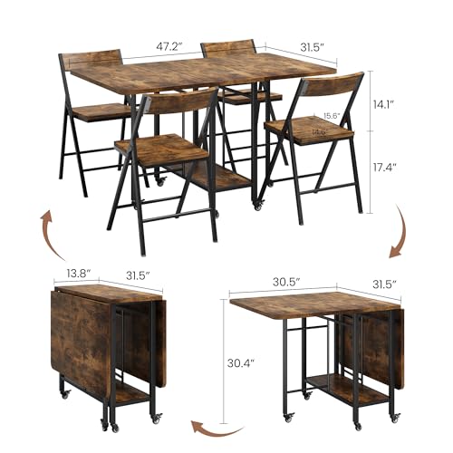 GAOMON 5 PCS Farmhouse Dining Table Set for 4, 47" Large Wooden Folding Dining Table Set with 4 Foldable Chairs, Drop Leaf Foldable Kitchen Table on Wheels, Sturdy Steel Frame ＆ Space Saving, Retro