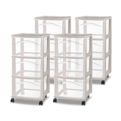 Sterilite 3-Drawer Cart with Wheels for Bedroom and Dresser, 4-Pack