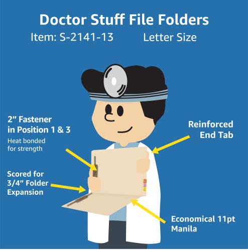 Manila File Folders, Doctor Stuff, Letter Size Reinforced Jeter Match End Tab Folder Printed Tic Marks and 2" Bonded Fasteners on Inside Front and Inside Back, 11 pt Manila Stock, Box of 50