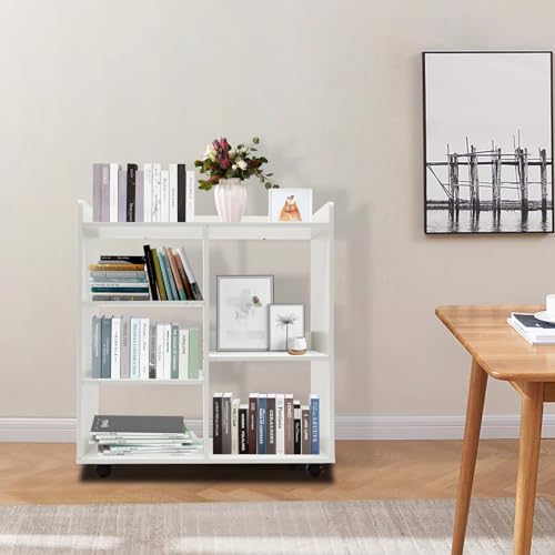 Book Shelf 5 Cube Short Bookshelf Bookcase, File Cabinet Filing Storage Cabinets, Low Shelf Cubbies Book Case with 360° Wheels and Dividers, Cube Organizer Shelf for Home Office (Warm White)