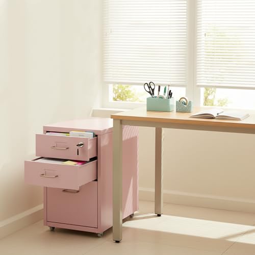 WAZYKJMDXX Pink Rolling File Cabinet with Lock, 3-Tier Vertical Storage Chest on Wheels, Space-Saving Under-Desk Organizer for Documents Cosmetics Jewelry, Easy Assembly, for Home Office Bedroom Dorm