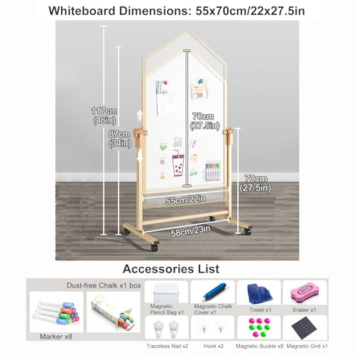 Dry Erase Board Double Sided, Magnetic White Board with Stand, Rolling Whiteboard, Standing Whiteboard on Wheels(60x90cm/24x35in)