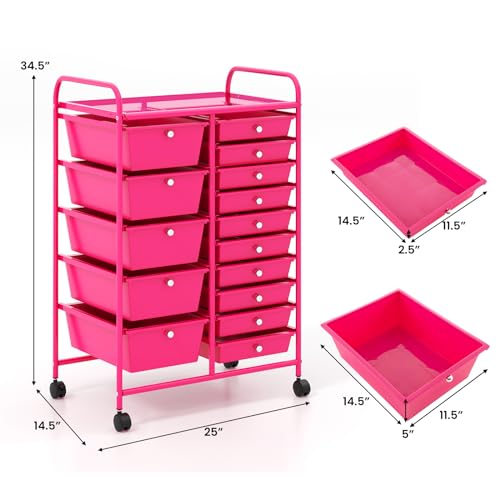 Moccha 15-Drawer Rolling Storage Cart - Under Desk Storage Drawers with wheels for Craft Art Supply Paper Salon, Scrapbook Paper Tools, Mobile Utility Cart for Classroom (15 Drawers, Hot Pink)