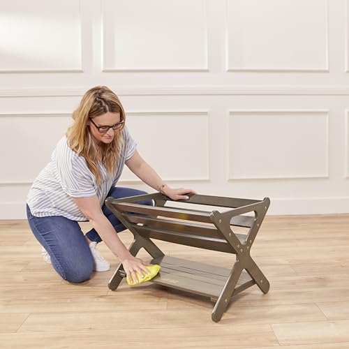 ECR4Kids Wooden Book Caddy with Storage Shelf and Handles, Grey Wash