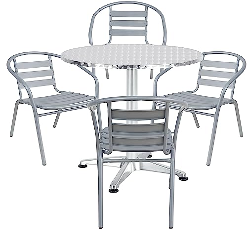 BTEXPERT Gray Indoor Outdoor 23.75" Restaurant Stainless Steel Silver Aluminum + 4 Metal Slat Stack Lightweight, 4 Chairs with a Round Table
