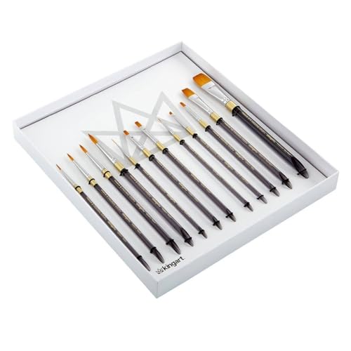 KINGART 1000D 12 PC. Premium Original Gold Series, Golden Taklon, Multimedia Artist Brush Set, Short Acrylic Aqua Handle, Set of 12 - Assorted Styles