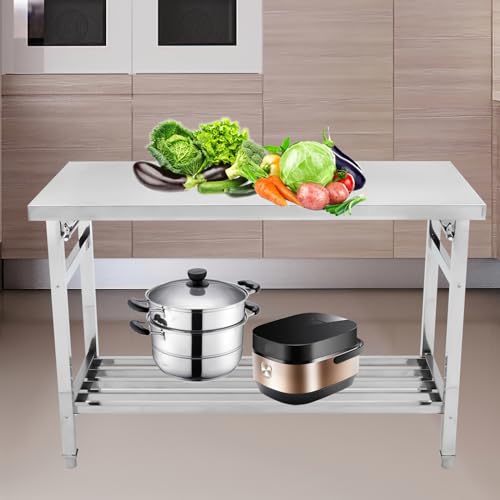 48*24 Inch Stainless Steel Prep & Work Table - NSF Certified Commercial Heavy Duty Folding Kitchen Table with Adjustable Slotted Undershelf, Portable Utility Work Bench for Restaurant, Dining & Home