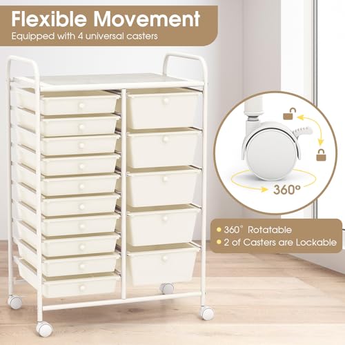 MEDIMALL 15 Drawers Rolling Storage Cart, Multipurpose Craft Storage Cart with Wheels, Mobile Tools Scrapbook Paper Organizer Cart for School Home Office Use (White)