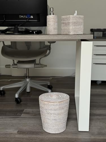 KOUBOO La Jolla Rattan Round Waste Basket With Lid & Plastic Insert, 2 Gallon Woven Wastebasket for Bathroom, Kitchen, Office, Living Room, & Home Decor, White Wash
