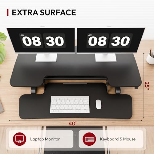 SANODESK 40" Desk Converter, Height Adjustable Sit to Stand Riser, Dual Monitor and Laptop Workstation with Wide Keyboard Tray, Modern Minimalist Design, Black