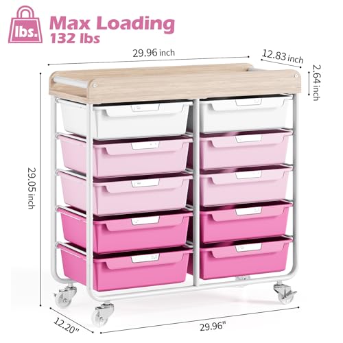 10 Drawers Rolling Cart with Wooden Tabletop, Utility Storage Cart with Wheels, Art Supply Craft Organizer on Wheel with Metal Frame & Handles for Home Office School,Pink