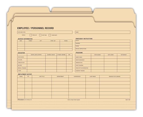 Employee Personnel Record - Manila 3 Tab File Folders (24 Per Pack) (1 Sided)
