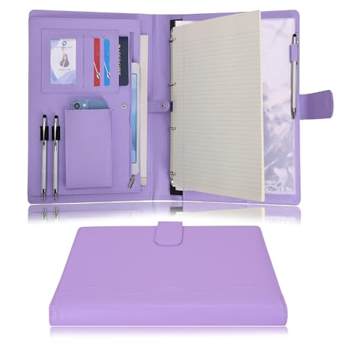 Wonderpool A4 PU Leather 3 & 4 Ring Holder Writing Portfolio Multi Document Case with Removable Binder Clipboard and Functional Pocket for Organizer Office Travel School (Purple)